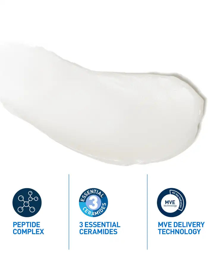 CeraVe Skin Renewing Retinol Serum texture swatch with key ingredients: Peptide Complex, 3 Essential Ceramides and MVE Delivery Technology