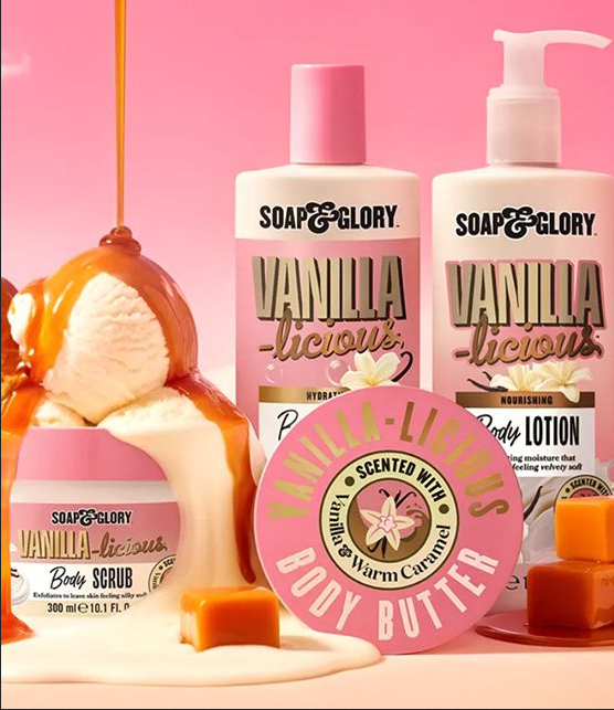 SOAP & GLORY Vanilla Licious body care products on a pink background