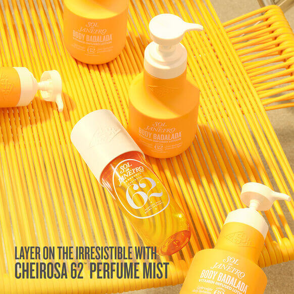Sol de Janeiro Body Badalada™ Lotion with Cheirosa 62™ Perfume Mist on a vibrant yellow background.