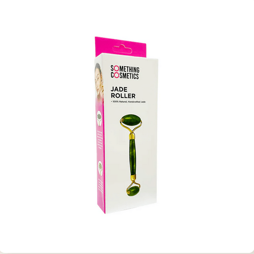 Something Cosmetics Jade Roller packaging featuring 100% natural jade for radiant skin.