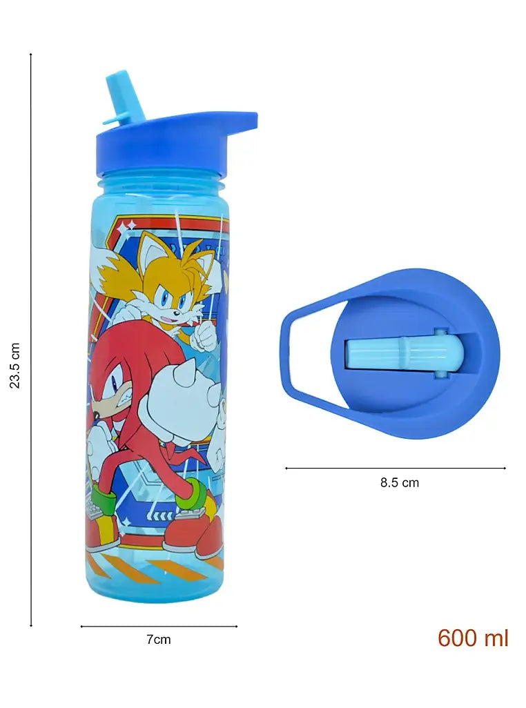 Sonic the Hedgehog themed 600ml water bottle with flip-up spout, featuring Sonic and friends design, blue color.
