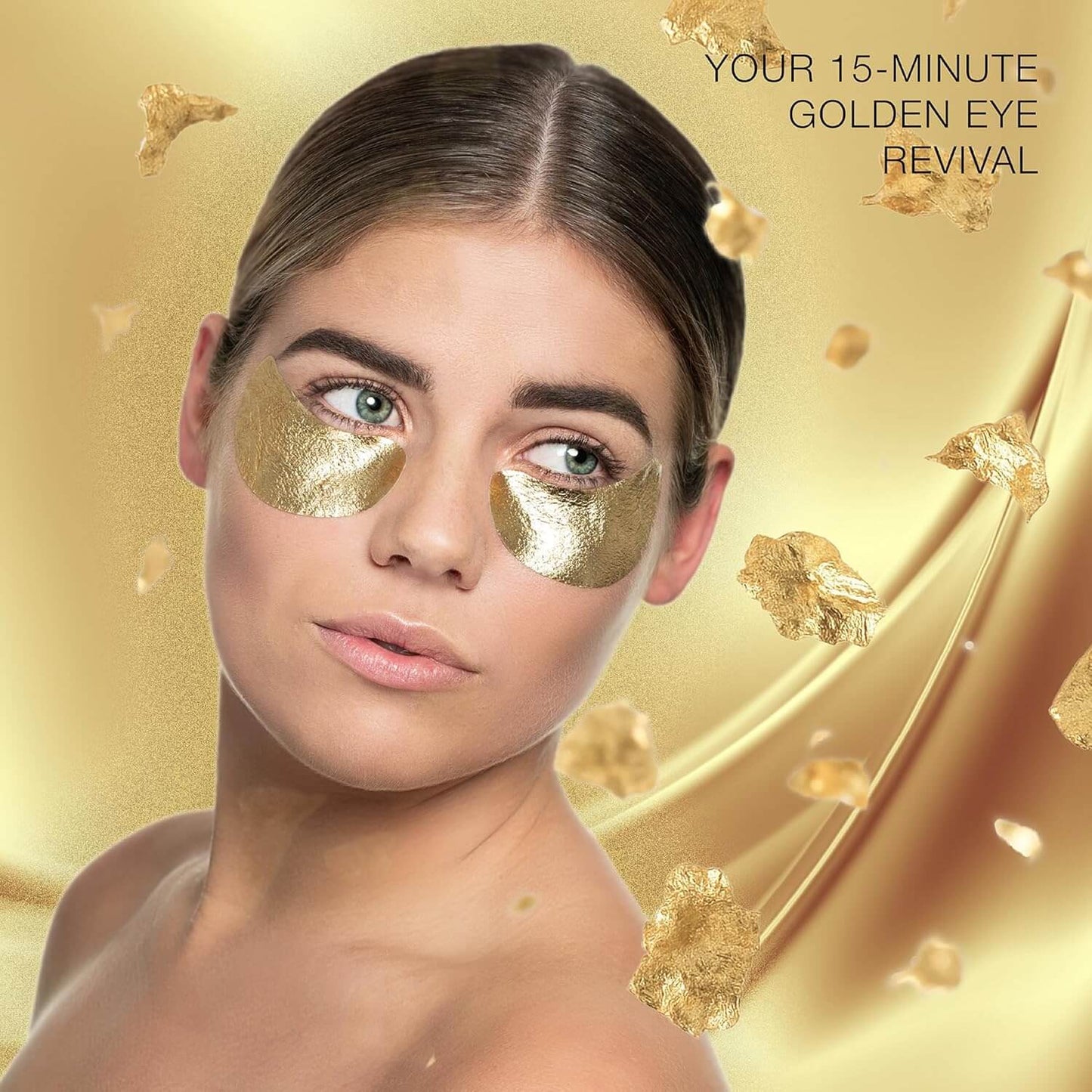 Woman wearing STARSKIN gold eye patches with a golden background and text about '15-minute Golden Eye Revival'.