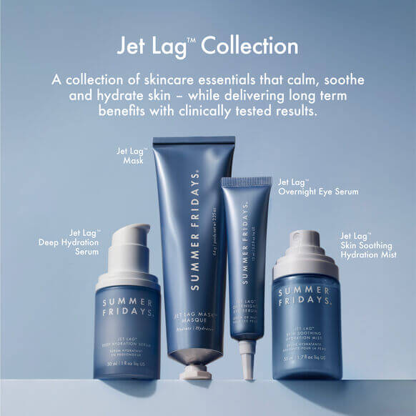 Summer Fridays Jet Lag Collection skincare products on a blue background