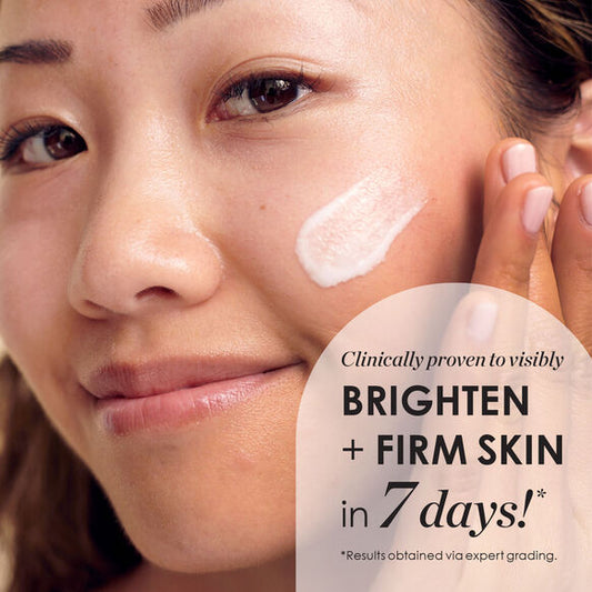 Woman applying Sunday Riley cream to her face with a text overlay about skin brightening and firming.