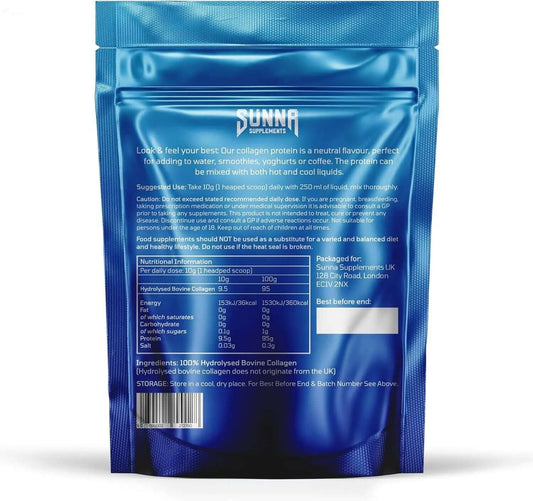 Back view of SUNNA SUPPLEMENTS Halal Bovine Collagen 250g packaging with nutritional information and usage instructions.