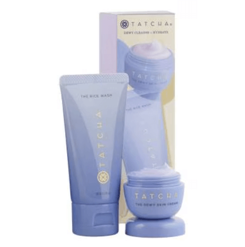 TATCHA Beauty On The Fly Cleanse + Hydrate set, featuring a cleanser and moisturizer in elegant packaging.