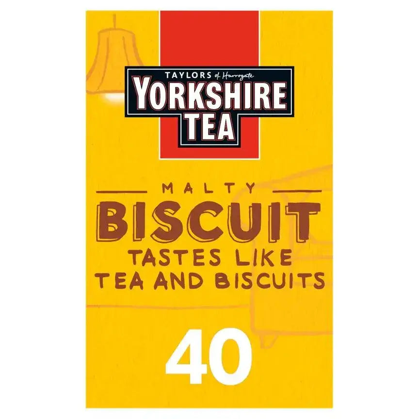 Taylors of Harrogate Yorkshire Tea Biscuit Brew packaging featuring the text Malty Biscuit, tastes like tea and biscuits, 40 bags.