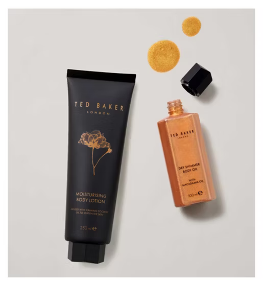 Ted Baker London body lotion and body oil on a light gray background