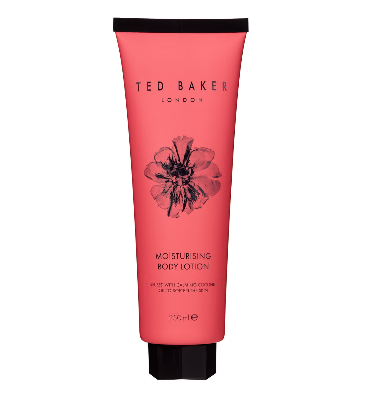 Pink tube of Ted Baker London moisturising body lotion on a white background