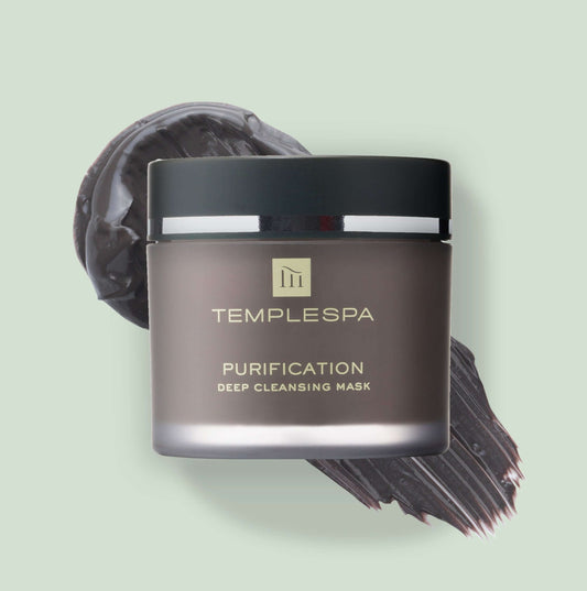 TEMPLESPA Purification Deep Cleansing Mask 85g in jar with clay texture on background.
