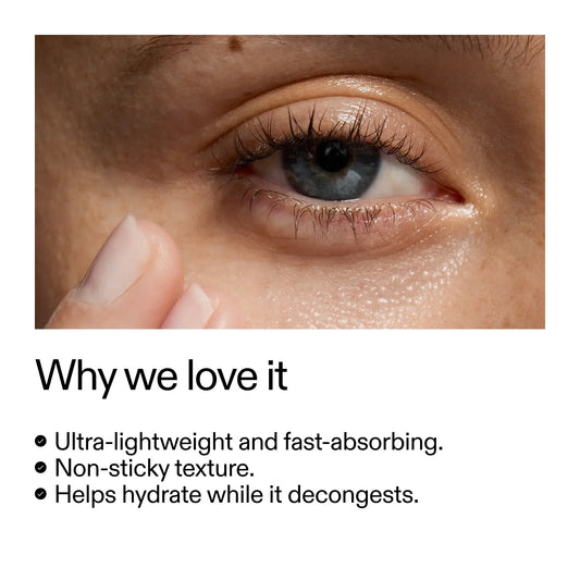 Close-up of an eye highlighting hydration benefits of an ultra-lightweight serum with non-sticky texture.