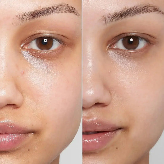 Before and after using The INKEY List Caffeine Eye Cream showcasing brightened under-eye area.