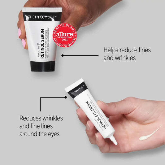 The INKEY List Retinol Duo Bundle showcasing retinol serum and eye cream, designed to reduce wrinkles and fine lines.