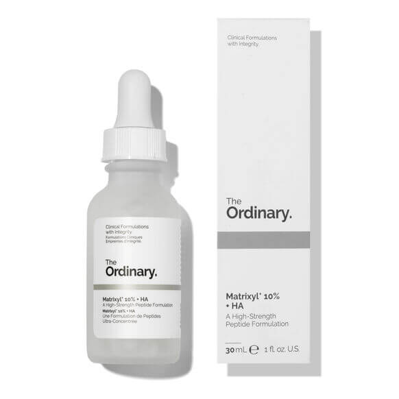 The Ordinary Matrixyl 10% + HA serum in a dropper bottle with packaging, targeting signs of aging.