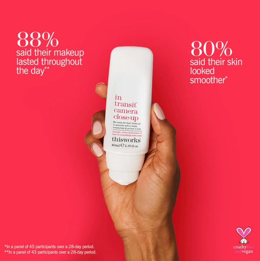 Hand holding a thisworks white bottle with red text against a red background, featuring product efficacy statistics.