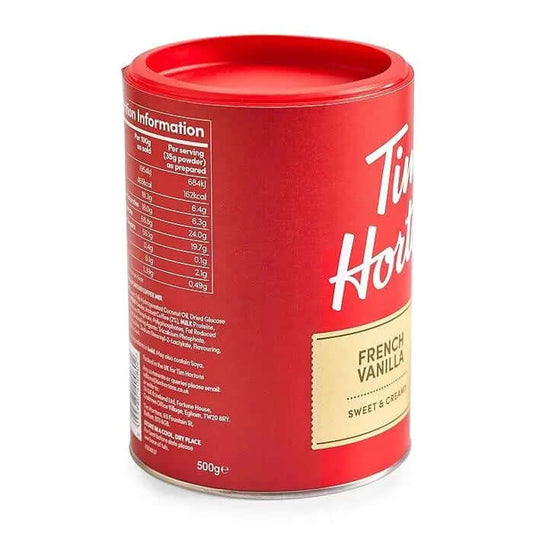 Tim Hortons Instant Cappuccino French Vanilla 454g can with nutrition facts and red label.