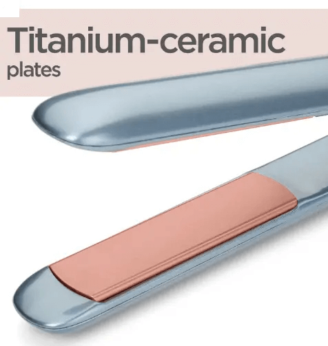 Titanium-ceramic plates of BaByliss Denim Luxe Hair Straightener for ultra-smooth styling.