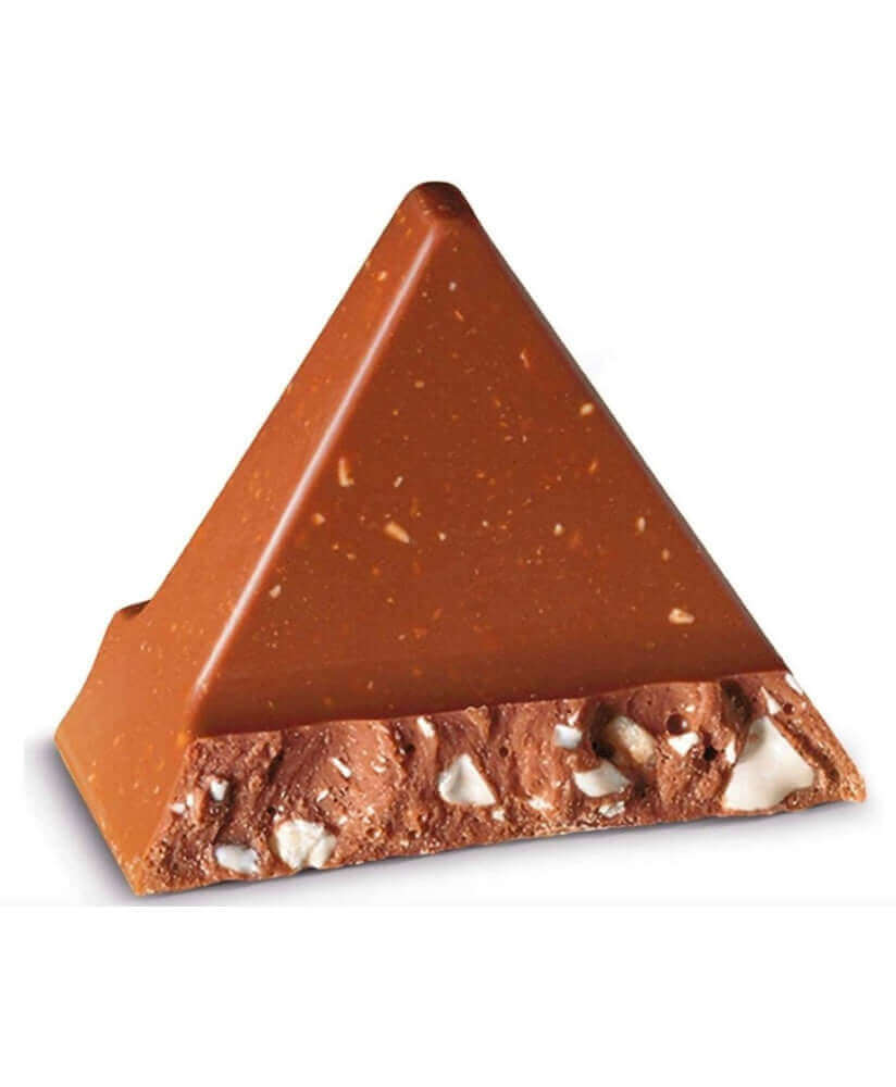 Toblerone Milk Chocolate Bar triangle showing creamy milk chocolate and crunchy nougat inside.