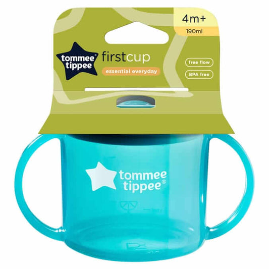 Tommee Tippee First Cup Essentials 4m+ 190ml training cup, BPA free with easy grip handles, ideal for kids transitioning to self-drinking.