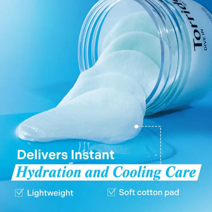 Torriden Cotton pad with a jar of product on a blue background, highlighting hydration and cooling care.