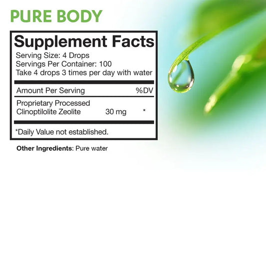 Supplement facts for Touchstone Essentials Pure Body 20ml, detailing zeolite content and dosage instructions.
