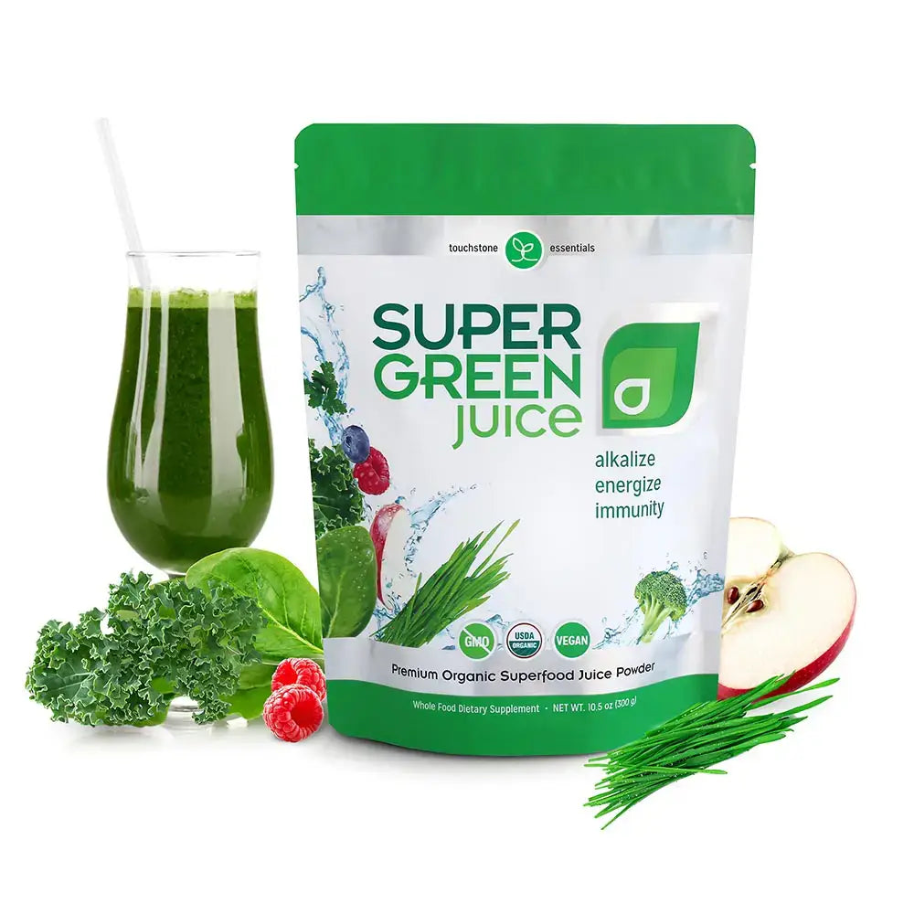 Touchstone Essentials Super Green Juice powder packet with a glass of green juice, showcasing 44 organic superfoods.