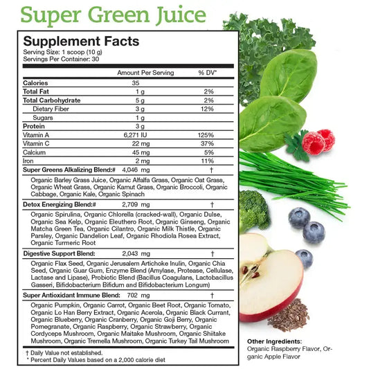 Supplement facts for Touchstone Essentials Super Green Juice, featuring 44 organic superfoods, nutrients, and no added sugar.