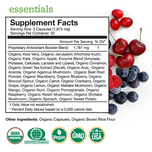 Supplement facts for Touchstone Essentials 90 Capsules showing organic ingredients and nutritional information.