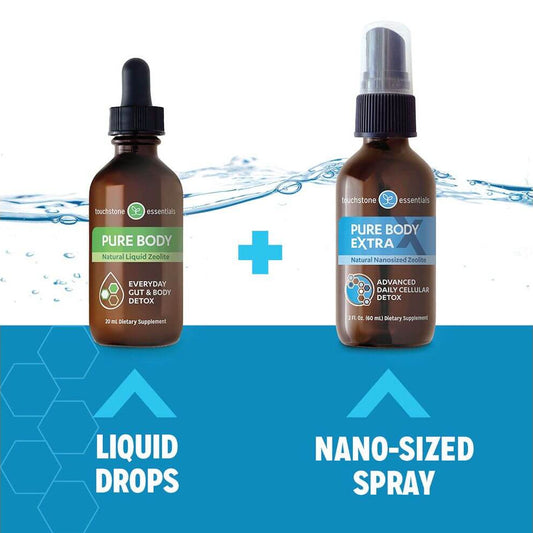Touchstone Essentials Zeolite Detox Pack featuring Liquid Drops and Nano-Sized Spray for comprehensive detox and clarity.