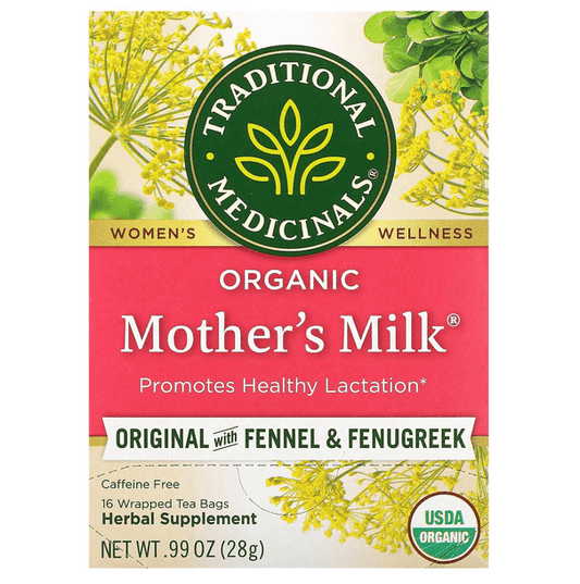 Traditional Medicinals Organic Mother's Milk herbal tea promotes healthy lactation, featuring fennel and fenugreek.