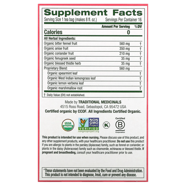 Supplement facts for Traditional Medicinals Organic Mother's Milk herbal tea, including ingredients for lactation support.