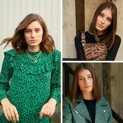 Collage of three stylish women showcasing trendy outfits and hairstyles, featuring patterns and elegant looks.