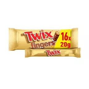 Twix Caramel & Milk Chocolate Fingers Biscuit Snack Bars Multipack, 16x20g packaging, suitable for vegetarians.