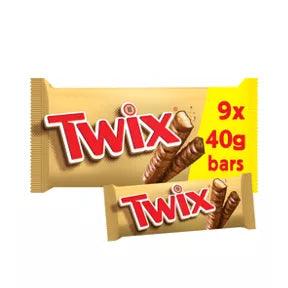 Twix Caramel & Milk Chocolate Fingers multipack of 9 x 40g biscuit snack bars suitable for vegetarians.