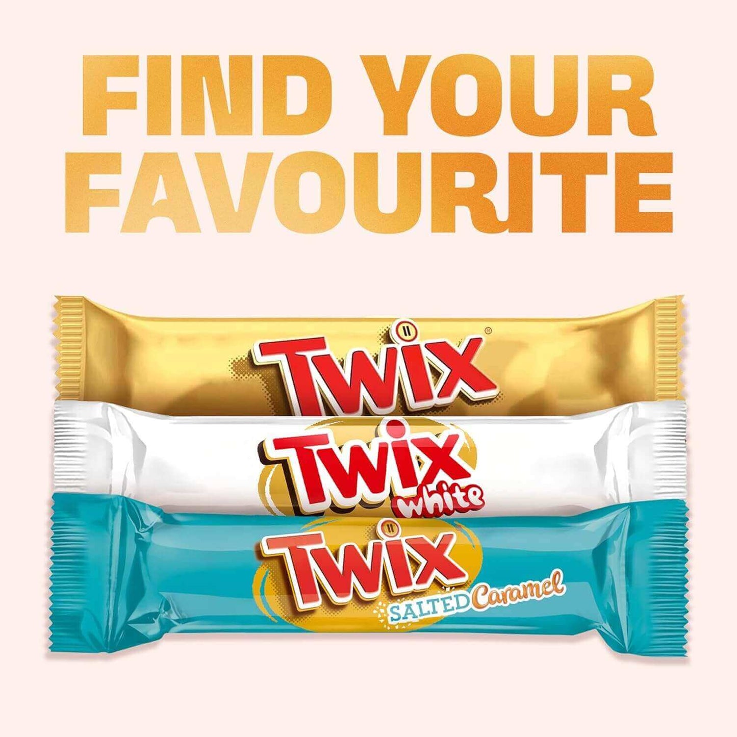 Three Twix candy bars in different flavors on a light pink background with text 'Find Your Favourite'.