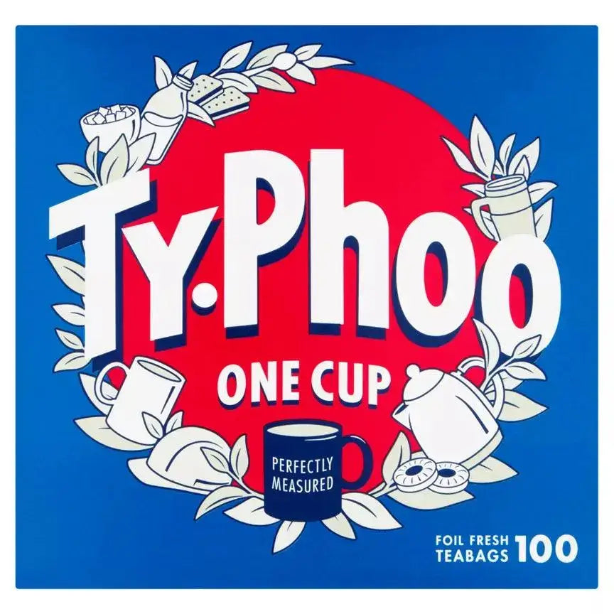 Typhoo teabags packaging featuring 'One Cup' and illustrations of tea accessories, 100 foil fresh teabags.
