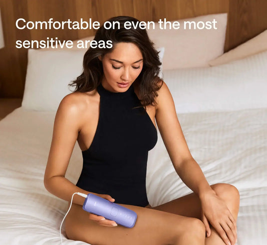 Woman using Ulike Air 3 IPL Hair Removal Device on sensitive skin for comfortable hair removal.