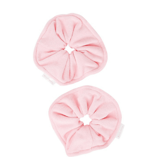 Pack of 2 Brushworks Microfibre Hair Scrunchies in soft pink for moisture absorption and comfort during skincare routines.