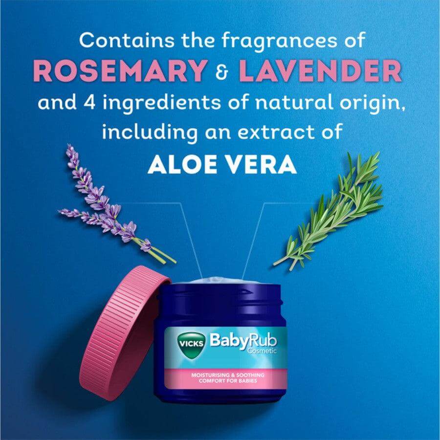 Vicks Baby Rub 50g jar with rosemary, lavender, and aloe vera ingredients, offering soothing comfort for babies.
