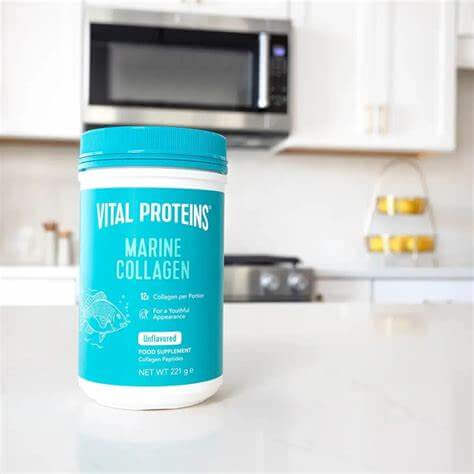 Vital Proteins Marine Collagen Unflavoured container in kitchen setting, highlighting 221g collagen supplement.