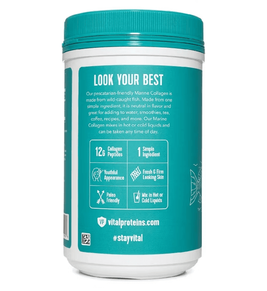 Vital Proteins Marine Collagen Unflavoured 221g container showcasing health benefits and usage instructions.