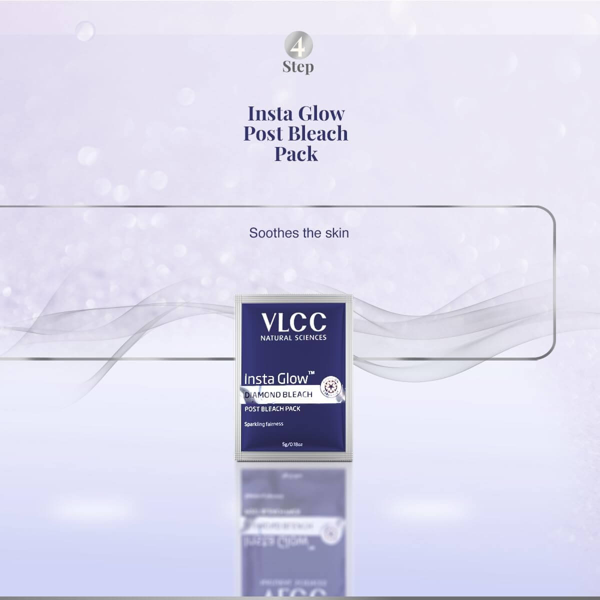 VLCC Insta Glow Post Bleach Pack soothing skin care product displayed with an elegant design.