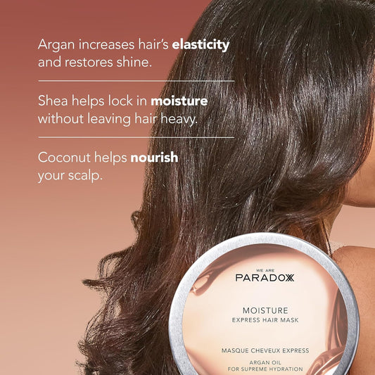 We Are Paradoxx Moisture Express Hair Mask with text about hair benefits on a brown background