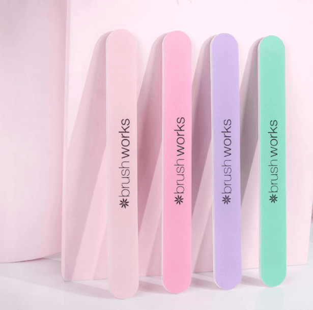 Brushworks pastel nail files in pink, purple, and green for easy shaping and smoothing of nails.