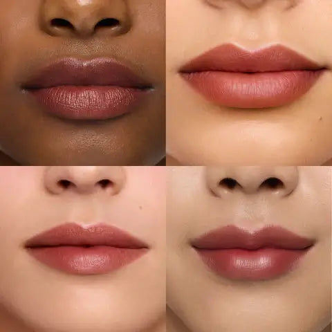 Four diverse lip shades showcasing the Wonderskin Wonder Blading Lip Stain Masque's long-lasting color and vibrancy.