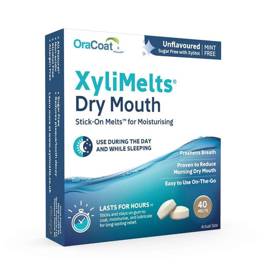 XyliMelts Dry Mouth Discs packaging, unflavored, sugar-free for moisture and breath freshening, 40 melts included.