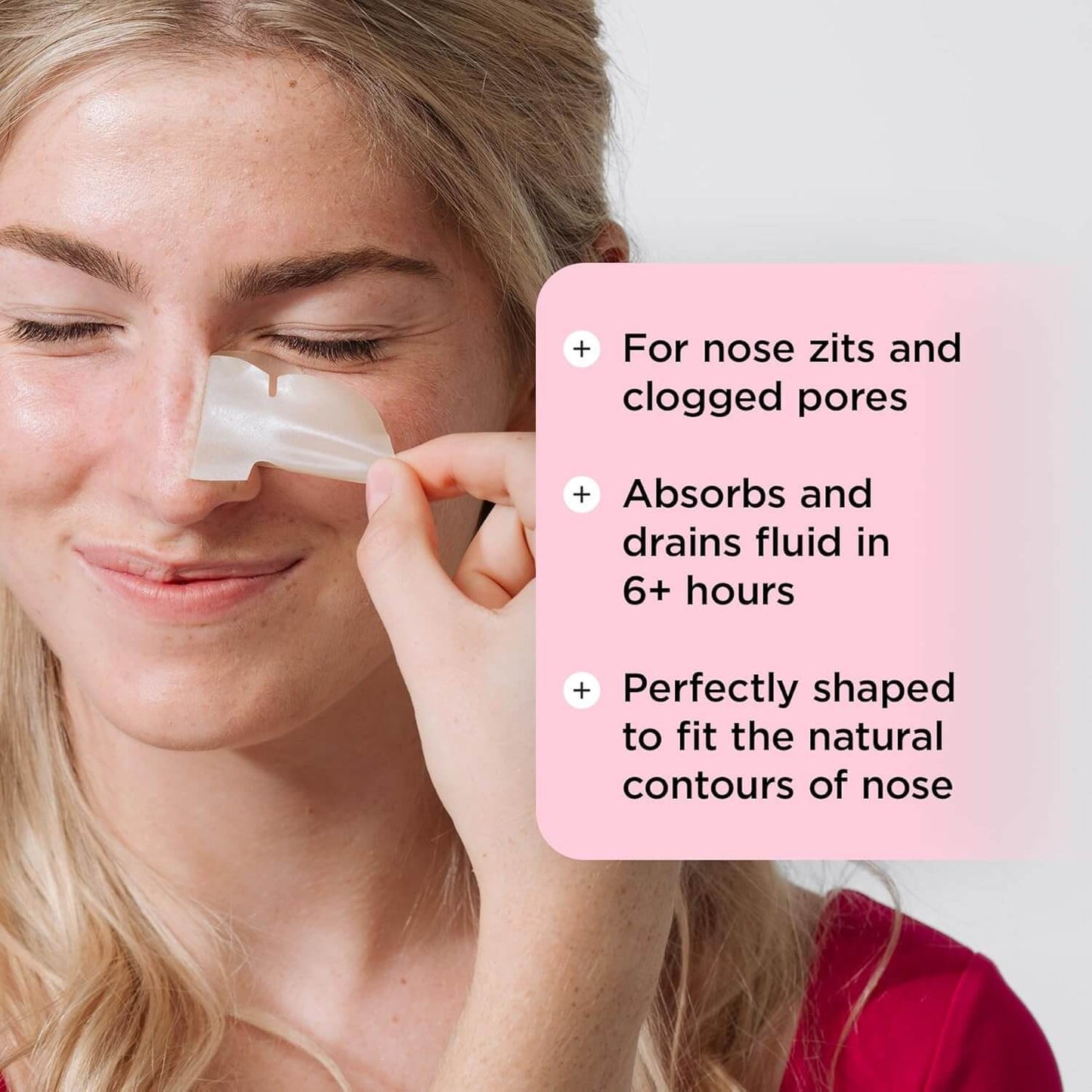 Woman using ZITSTICKA nose strip with text about its benefits on a pink background