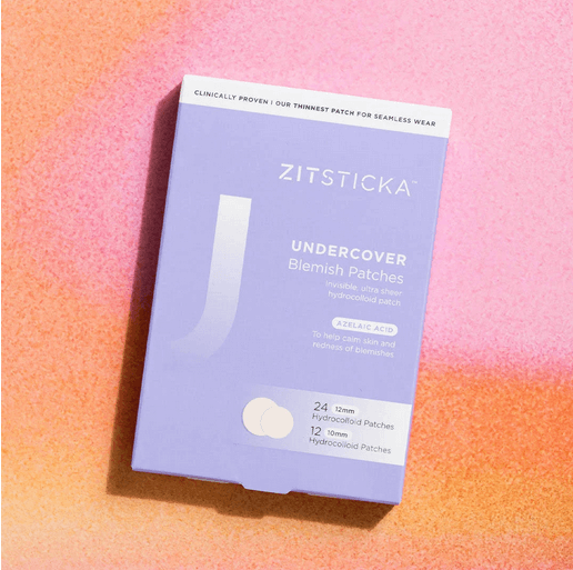 Zitsticka undercover blemish patches packaging on a gradient pink and orange background