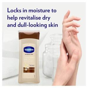 Vaseline Intensive Care Body Oil Cocoa Radiant 200ml revitalizes dry skin with a warm cocoa fragrance, visibly enhancing glow.