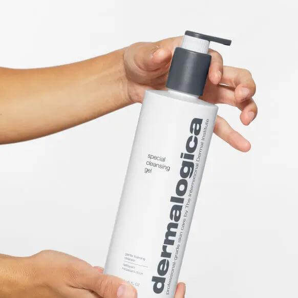 Dermalogica Special Cleansing Gel in a pump bottle, designed for all skin types, removing impurities and maintaining moisture.
